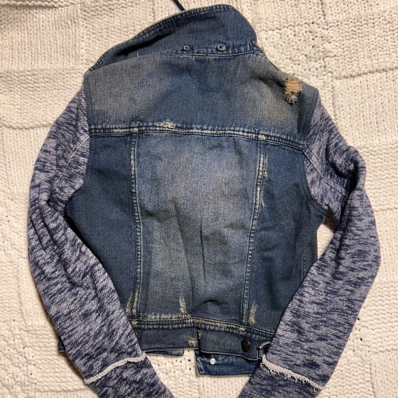 Free People Jean Jacket with Sweater Sleeves and Hood - Picture 2 of 6